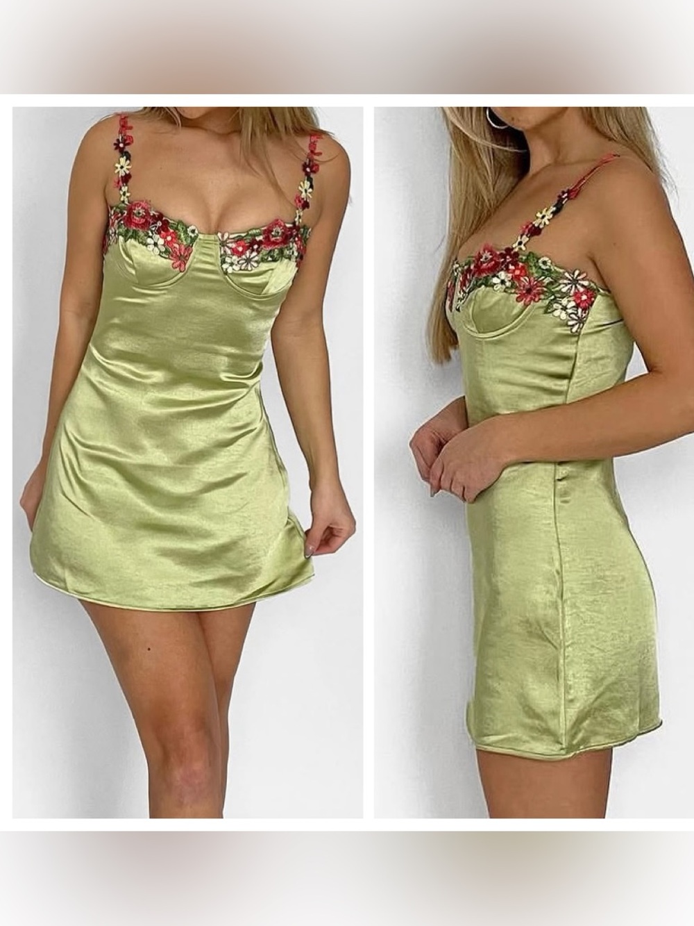 Green FairyCore Mini Dress with Flower Straps Size Large